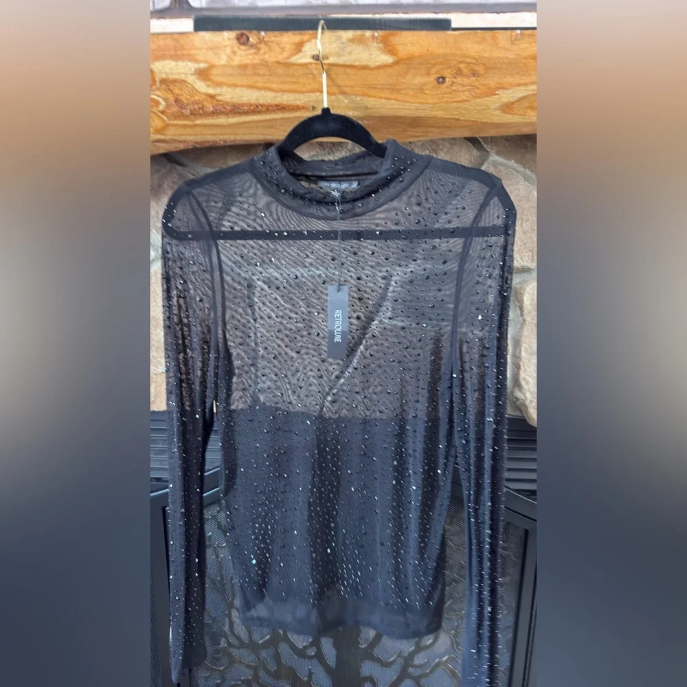 Black Sheer Rhinestone Top - Picture 1 of 6